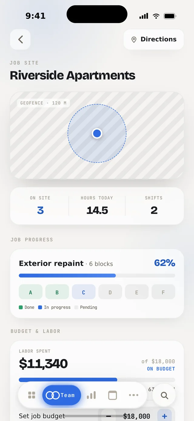 Orbit Base site detail — geofence, job progress by block and labour vs budget