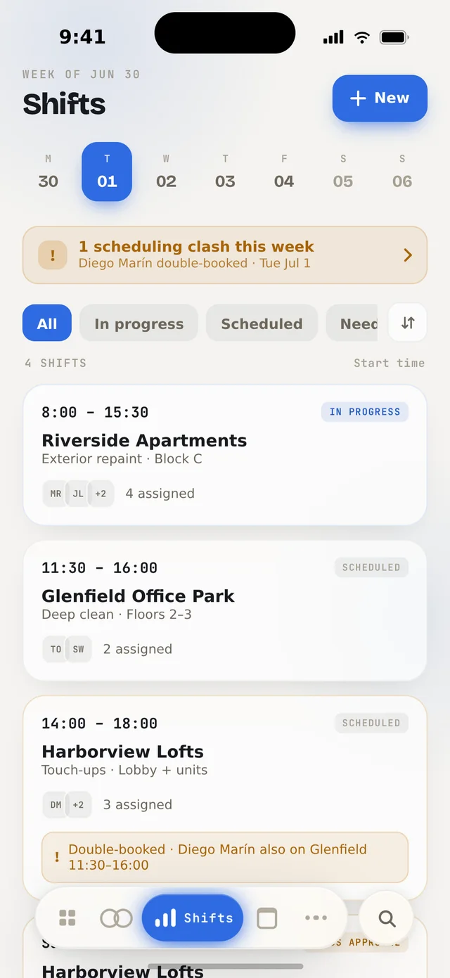 Orbit Base scheduling — weekly shifts flagging a double-booking clash
