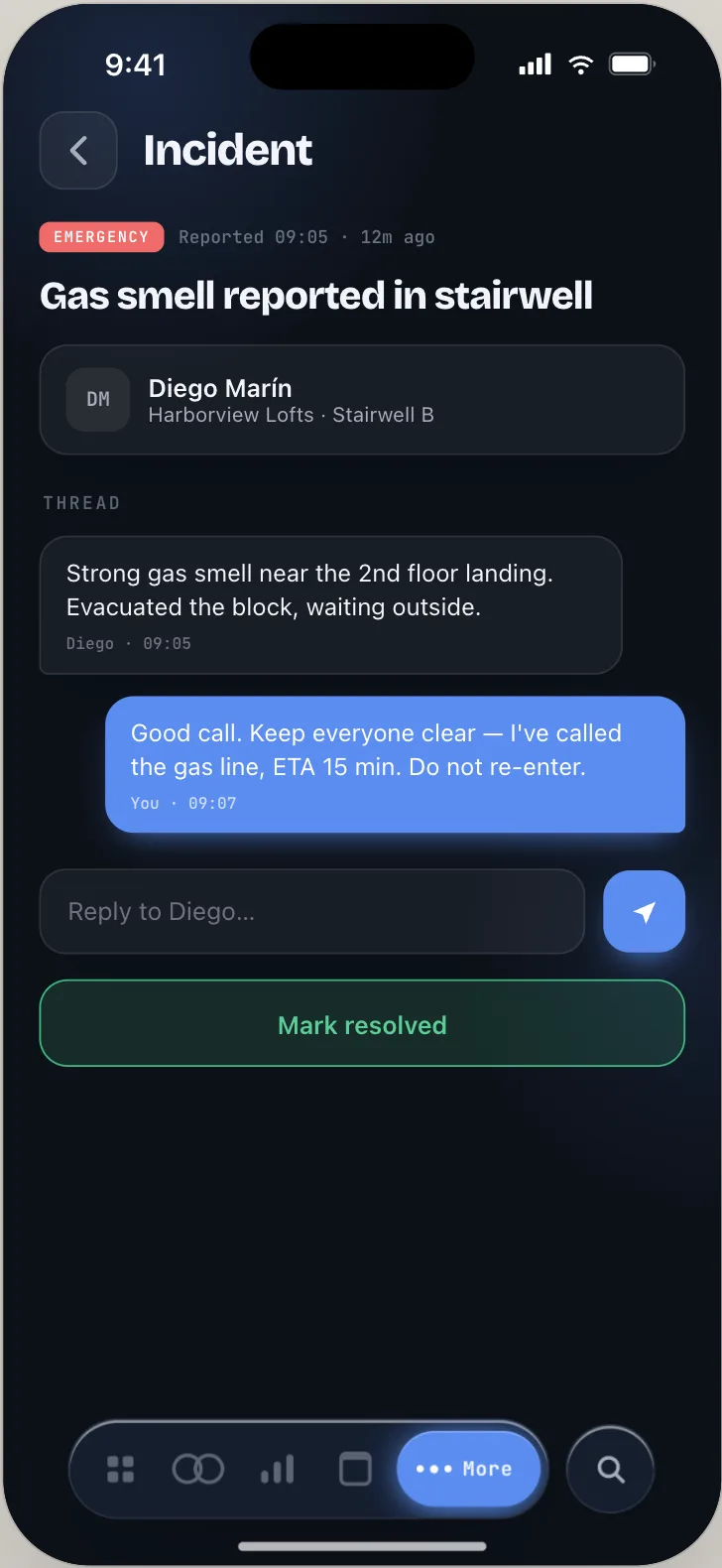 Orbit Base incident detail — a threaded conversation with a mark-resolved action