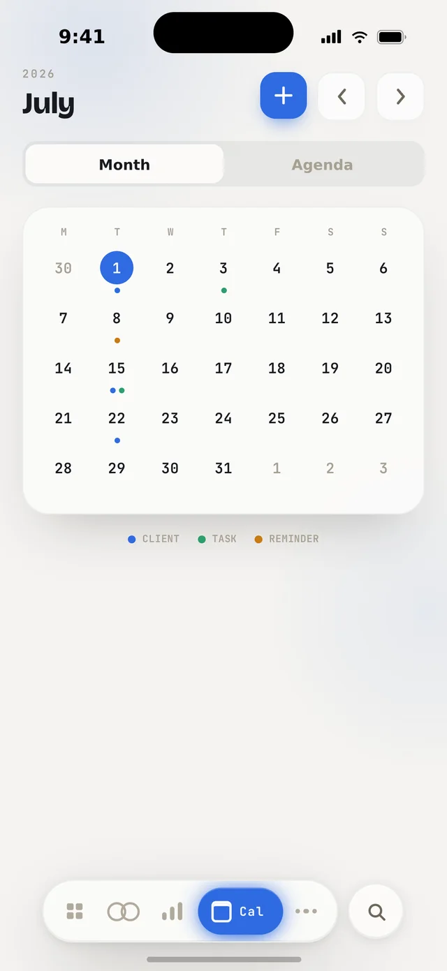 Orbit Base calendar — client visits, tasks and reminders on one month view