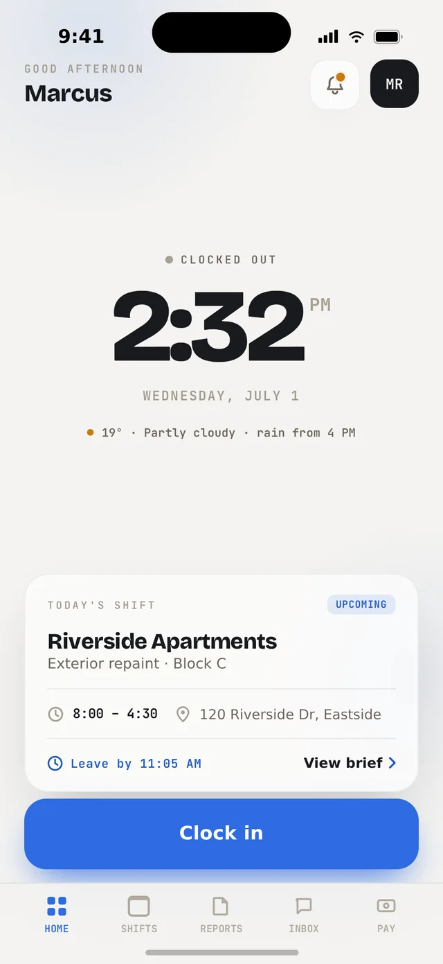 Orbit Team home — clock in, today's shift and weather