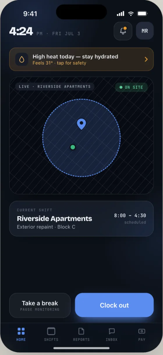 Orbit Team live shift — geofence map showing on-site with a heat safety alert