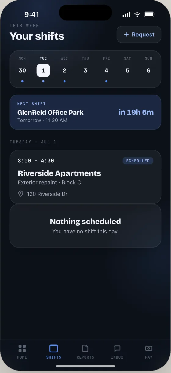 Orbit Team schedule — a week of shifts with a countdown and a request button