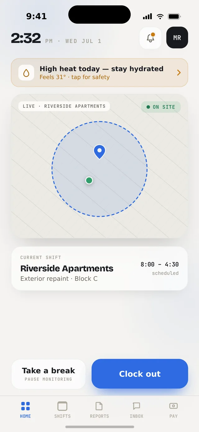 Orbit Team live shift — geofence map showing on-site with a heat safety alert