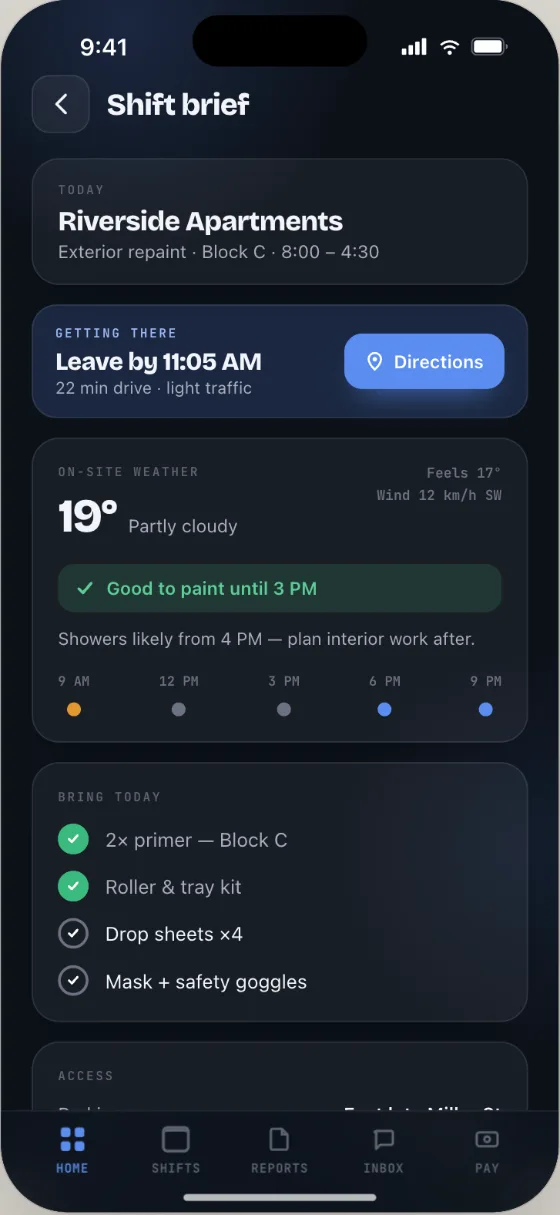 Orbit Team shift brief — leave-by time, directions, weather window and what to bring