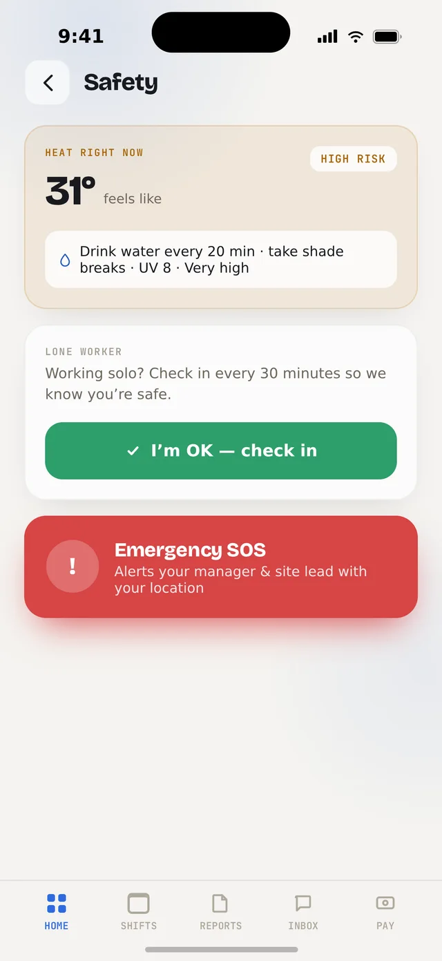 Orbit Team safety — heat risk, lone-worker check-in and emergency SOS
