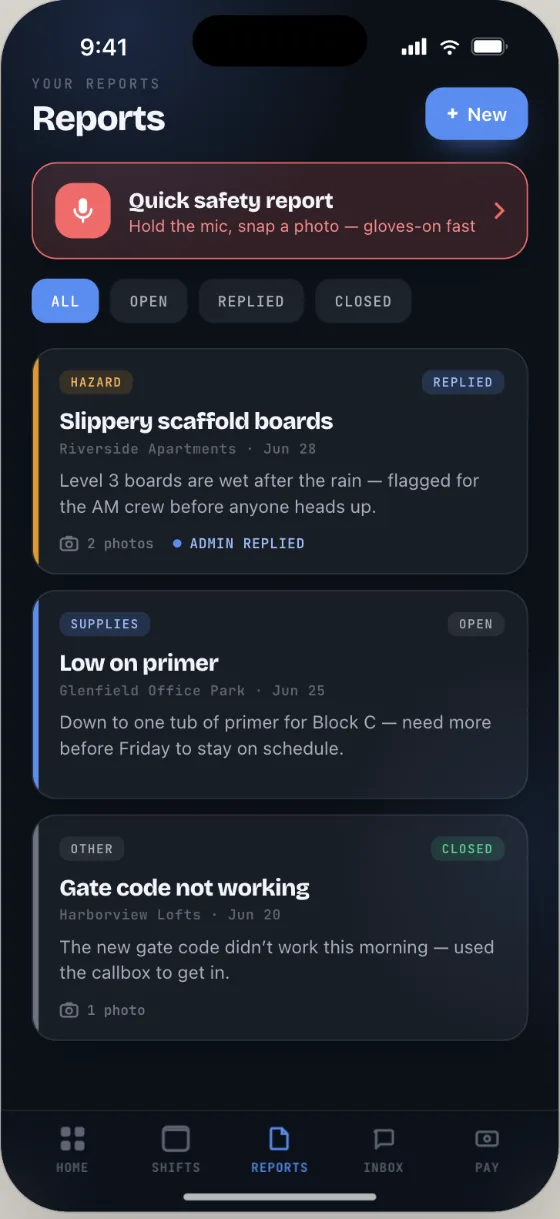 Orbit Team reports — quick voice-and-photo safety report and a hazard feed