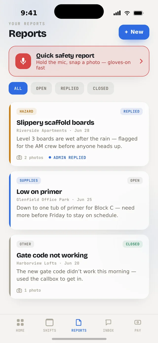 Orbit Team reports — quick voice-and-photo safety report and a hazard feed