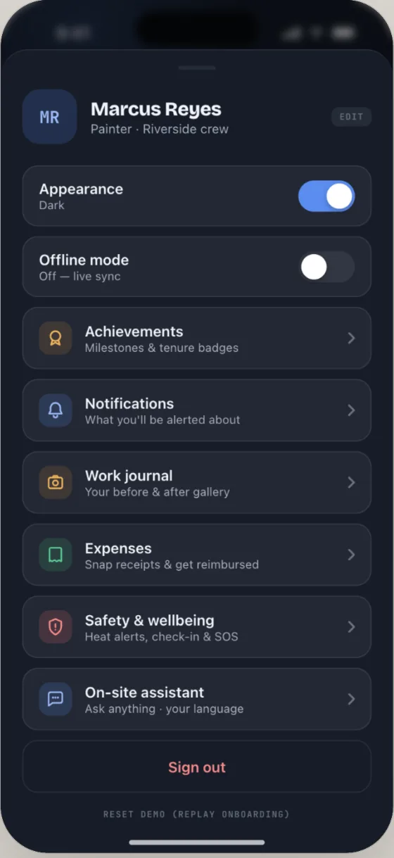 Orbit Team profile — work journal, expenses, offline mode and settings