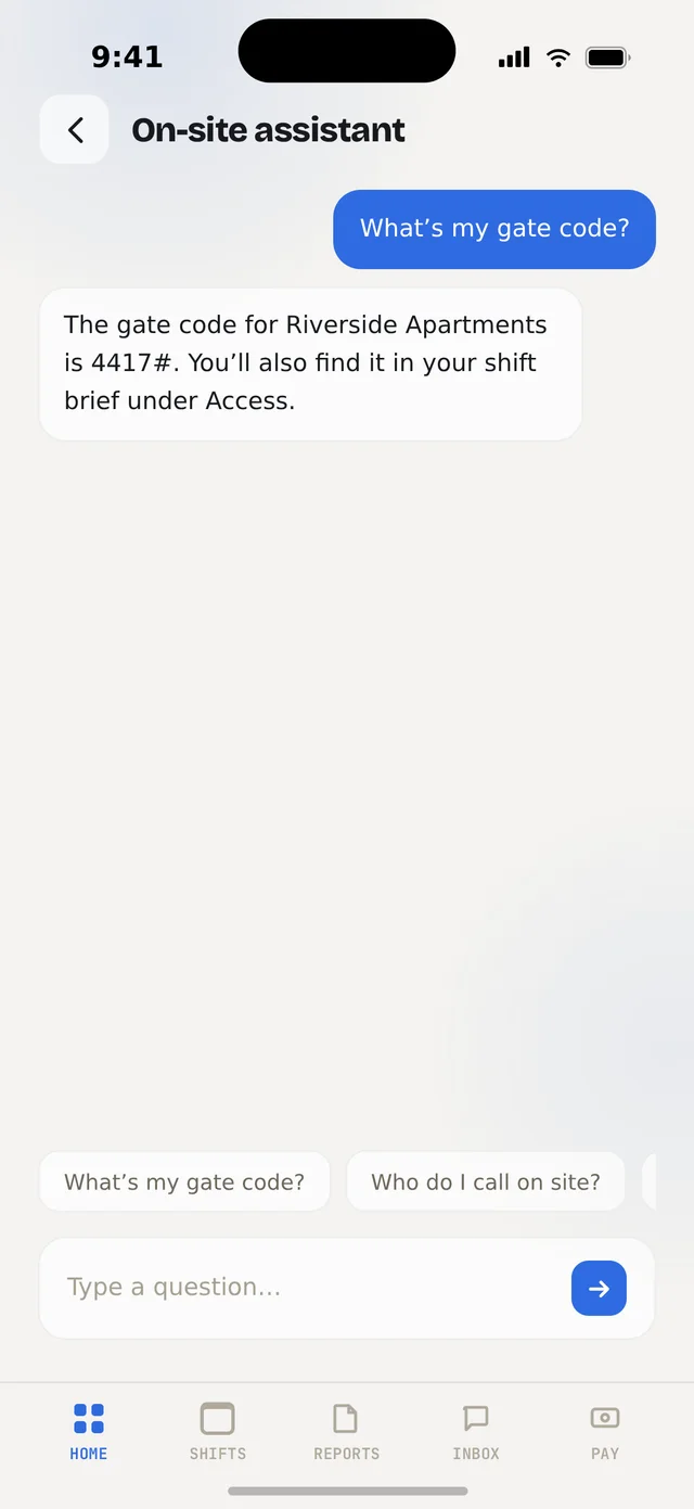 Orbit Team on-site assistant — an AI answering gate code, who to call and next shift