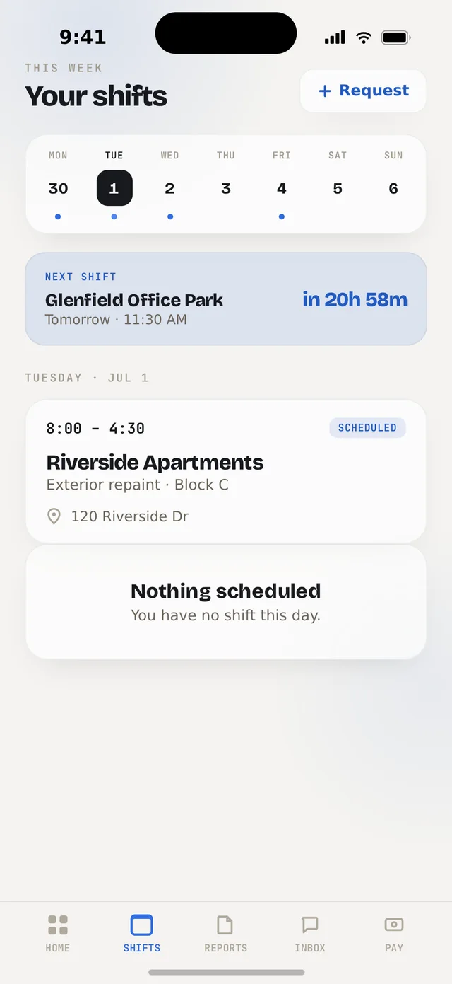 Orbit Team schedule — a week of shifts with a countdown and a request button