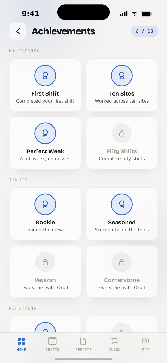 Orbit Team achievements — tenure and reporting badges, not hours worked