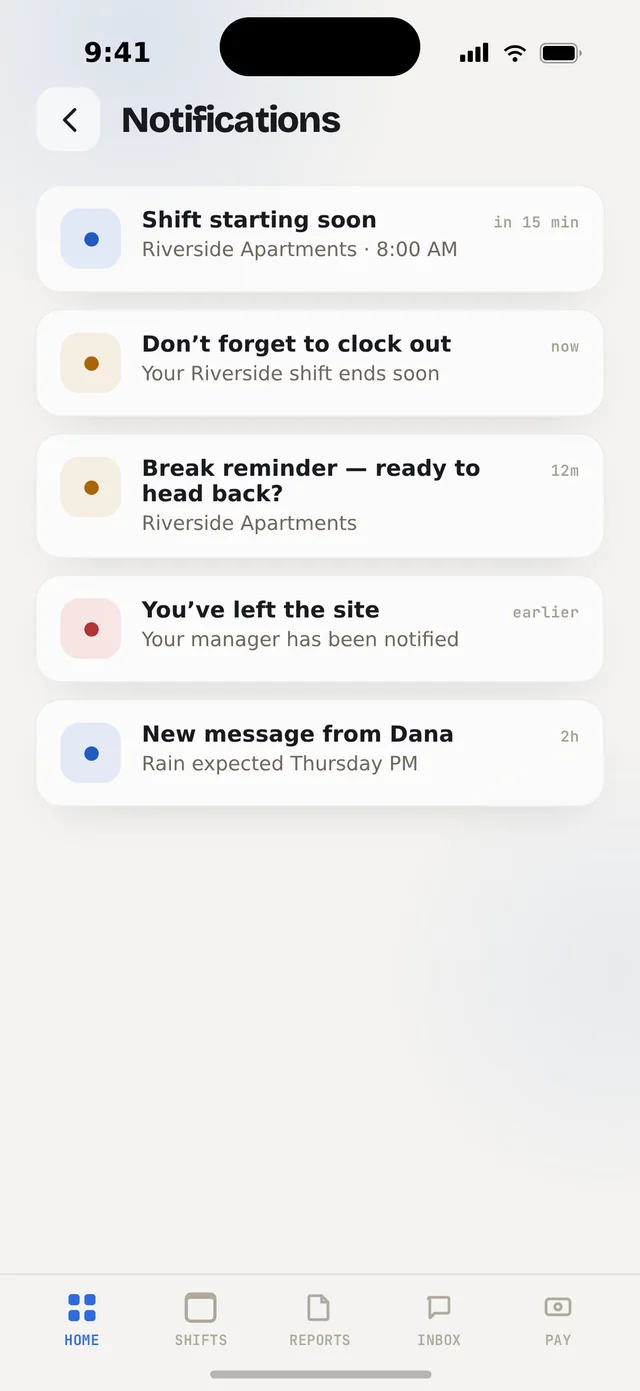 Orbit Team notifications — shift reminders and manager messages, never worked hours