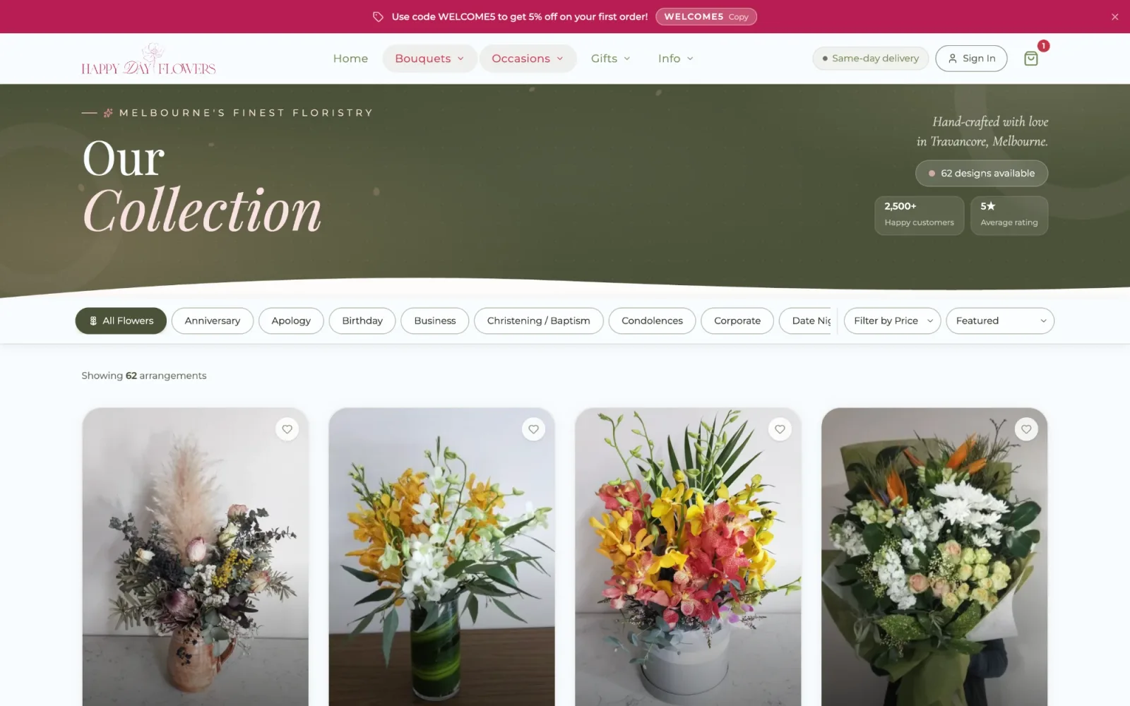 Happy Day Flowers collection page — a filterable grid of 62 arrangements with occasion filters and a green hero band.
