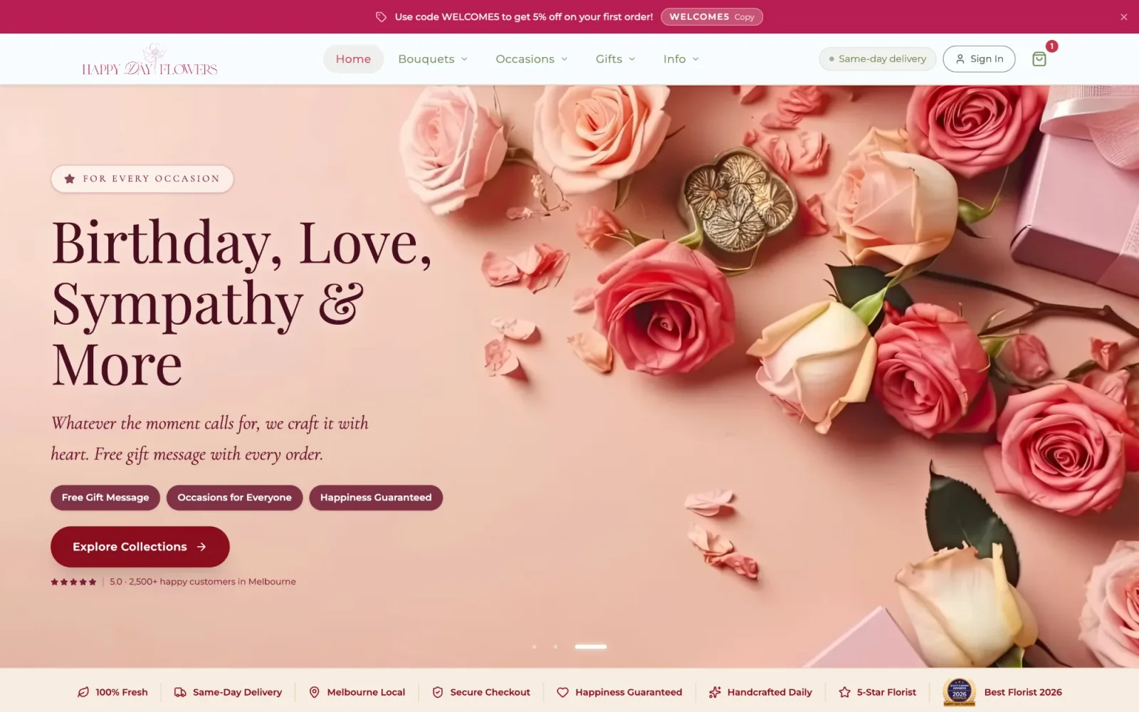 Happy Day Flowers homepage — hero banner reading Birthday, Love, Sympathy & More over a rose flatlay, with occasion tags and a trust bar.