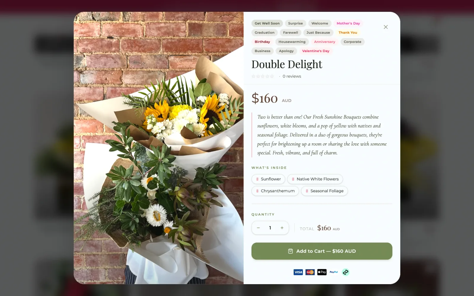 Happy Day Flowers product detail — the Double Delight bouquet with ingredient breakdown, price, quantity and multi-provider checkout.